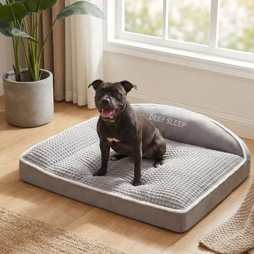 Un American Pit Bull Terrier assis sur un lit pour chien gris déhoussable et moelleux posé dans une pièce lumineuse.