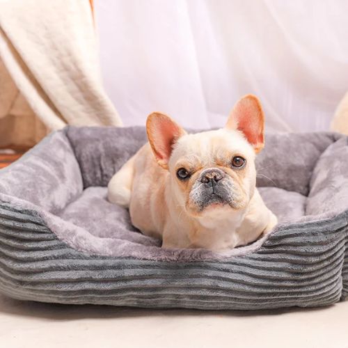 Lit pour chien en peluche gris, idéal pour le confort et le repos des petits chiens comme le bouledogue