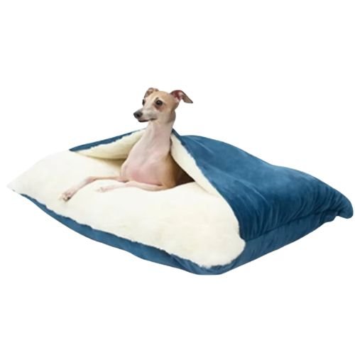 Un Lévrier hongrois dort sur son matelas chien bleu en velours moelleux pour un couchage douillet