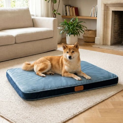 matelas chien moelleux bleu pour chien allongé dans un salon.