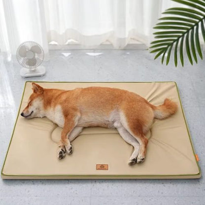 Un Shiba Inu allongé sur un matelas pour chien beige, déhoussable et confortable pour usage quotidien