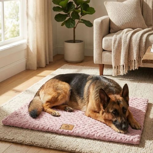 Matelas pour chien rose rembourré, surface cosy et antidérapante, idéal pour les siestes confortables des chiens et chats.