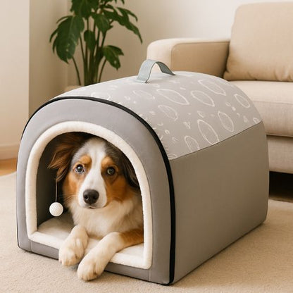 NICHE CHIEN XXL cosy avec toit imprimé et entrée bordée de fourrure blanche 