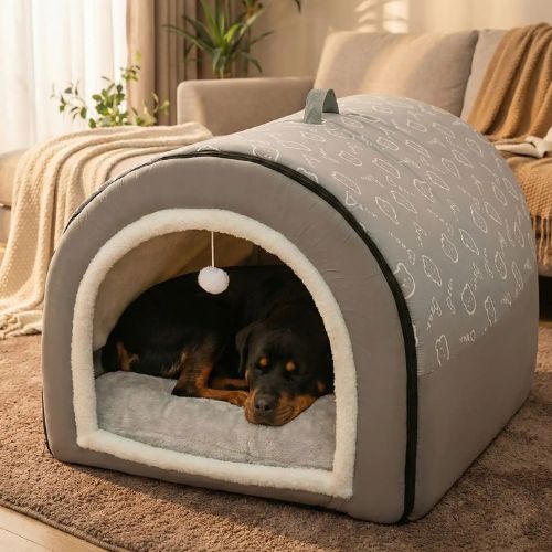 NICHE CHIEN XXL cosy avec toit imprimé et entrée bordée de fourrure blanche et une balle qui pend.