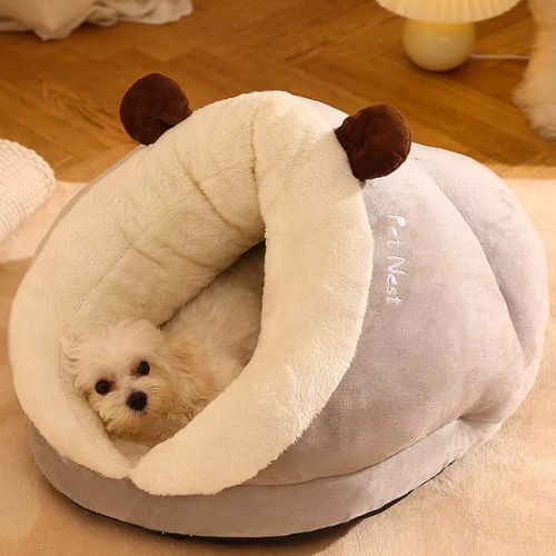 Niche d'intérieur pour chien grise au design cosy avec rembourrage doux et apaisant