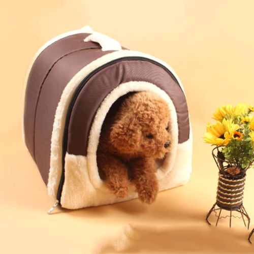 Niche d'intérieur pour chien en tissu marron avec intérieur doux et confortable