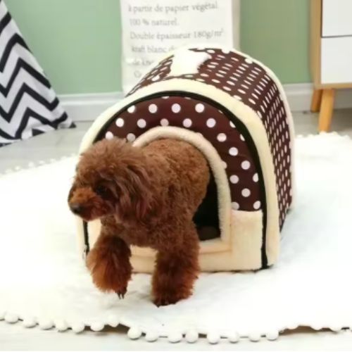 Niche d'intérieur pour chien marron pontillé, pliable et portable avec coussin moelleux
