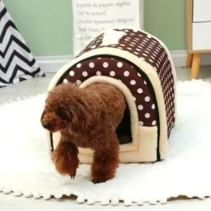 Niche d'intérieur pour chien marron pontillé, pliable et portable avec coussin moelleux