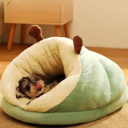 Niche d'intérieur pour chien verte en cocon moelleux avec intérieur chaud et confortable
