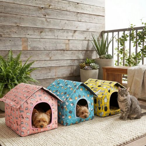 Trois niches d'extérieur installé dans un balcon dedans deux Yorkshire et un un chat assis devant la troisième niche.