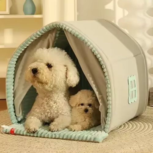 Deux petits chiens blancs installés confortablement dans une niche pour chien élégante et spacieuse de couleur beige avec intérieur matelassé, parfaite pour le repos à la maison