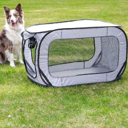 Niche pour chien pliable gris en tissu aéré, installée sur une pelouse avec un Border Collie assis à côté, idéale pour l’extérieur et le camping.