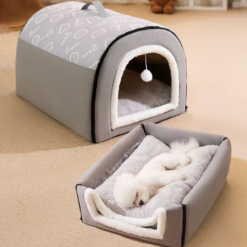 Nid douillet et pliable de type NICHE POUR CHIEN INTERIEUR avec petit chien qui dort paisiblement sur la niche utilisé comme un lit