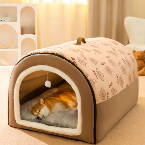 NICHE POUR CHIEN INTERIEUR marron pliable et confortable avec coussin intégré et jouet suspendu