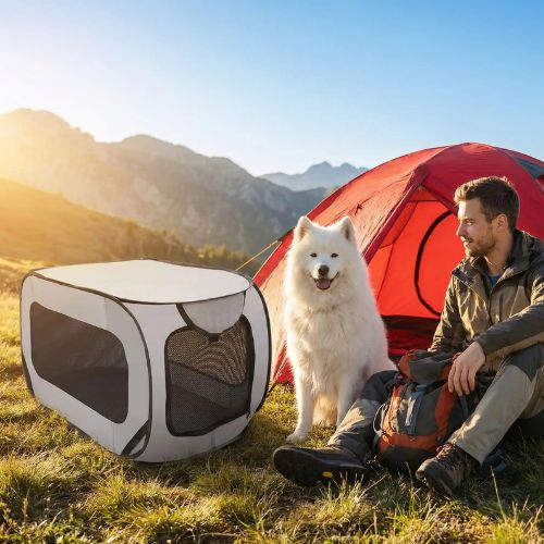 Niche pour chien pliable grise en toile respirante installée en pleine nature, avec un randonneur et son chien près d’une tente rouge en montagne, parfaite pour le camping et les aventures en plein air.