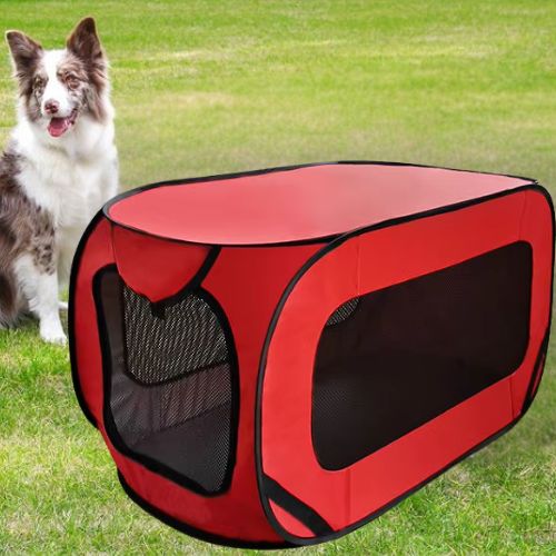 Niche pour chien pliable rouge en tissu aéré, installée sur une pelouse avec un Border Collie assis à côté, idéale pour l’extérieur et le camping.