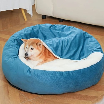 Chien installé dans un panier chien bleu moelleux avec couverture intégrée, posé sur un sol en parquet en bois.