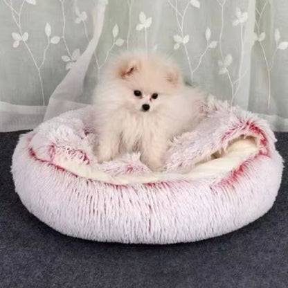 Petit chien blanc à poils longs confortablement installé dans un panier chien rond et duveteux, rose pâle et blanc, sur un sol gris devant un rideau fleuri.