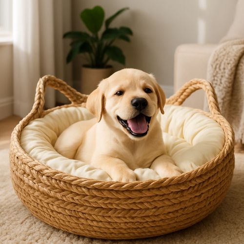 Panier chien osier douillet avec rebords surélevés, idéal pour le repos des animaux