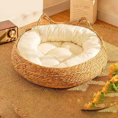 Panier chien osier confortable adapté aux chats et chiens, avec coussin blanc épais