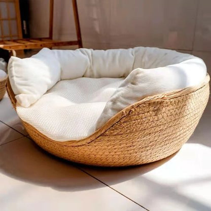 Panier osier chiens confortable adapté aux chats et chiens, avec coussin blanc épais