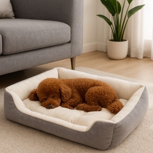 Chien caniche marron couché confortablement dans un panier pour chien gris doux et confortable.