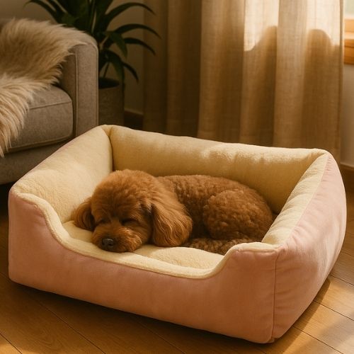 Petit chien marron bouclé dormant paisiblement dans un panier pour chien rose en velours doux, installé dans un salon lumineux.