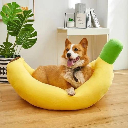 Un Corgi allongé dans un panier pour chien XXL déhoussable en forme de banane, coussin moelleux et original pour le confort et le sommeil profond des grands chiens.