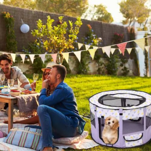 Parc à chien pliable installé dans jardin, combinant confort, visibilité et protection.