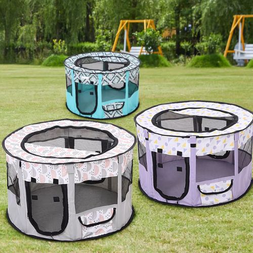Parc à chien portable de plusieurs couleur avec maille respirante et toit zippé, idéal pour les chiens et chats en extérieur.