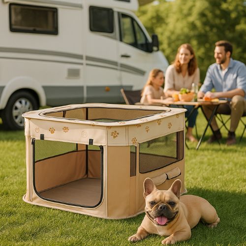 Parc pour chien beige léger et transportable, parfait pour les voyages ou les espaces extérieurs.