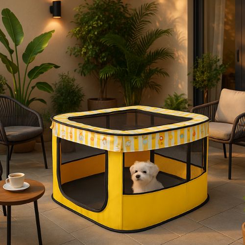 Caniche détendu dans un parc pour chien jaune portatif placé sur une terrasse, entouré de fauteuils et d’un environnement chaleureux.