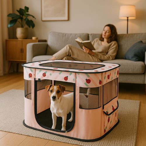 Un Jack russell terrier installé dans un parc pour chien en maille rose placé dans un salon à chaleureux