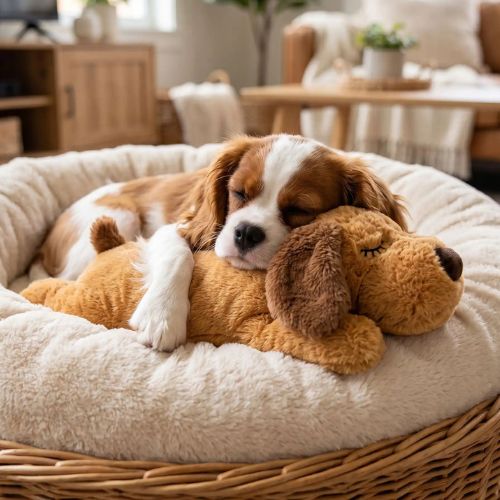 Chiot Cavalier King Charles endormi dans un panier moelleux, tête et patte posées sur sa peluche chien caramel