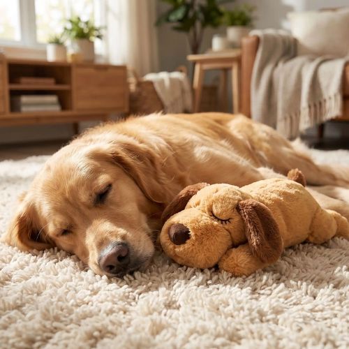 Golden Retriever et peluche chien caramel endormis dans la même pose, tête contre tête sur un tapis moelleux