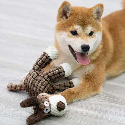 Chien Shiba Inu couché avec sa peluche pour chien couineuse marron en forme de chien, posée sur un parquet gris.