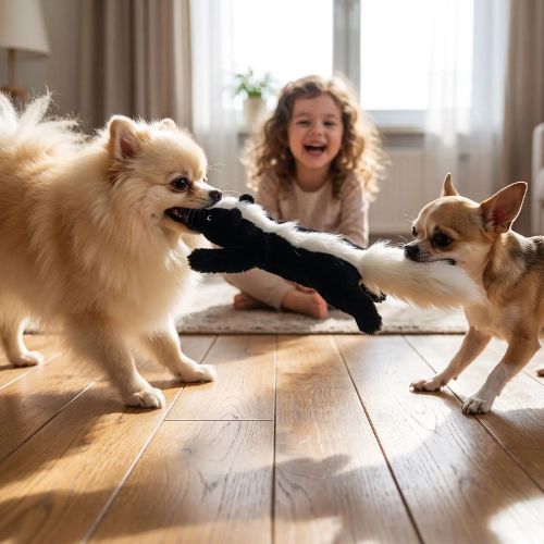 Deux petits chiens jouent au tir à la corde avec une peluche pour chien indestructible en forme de moufette sans bourrage.