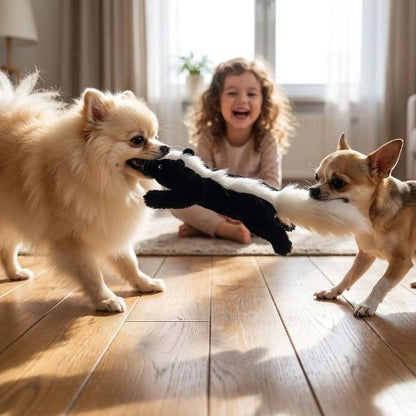 Deux petits chiens jouent au tir à la corde avec une peluche pour chien indestructible en forme de moufette sans bourrage.