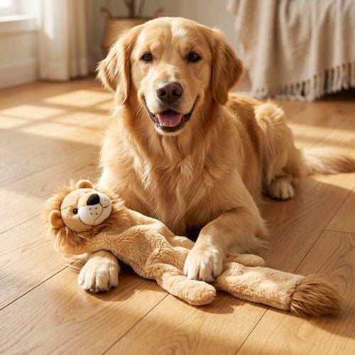 Peluche pour chien indestructible en forme de lion plat avec un Golden Retriever