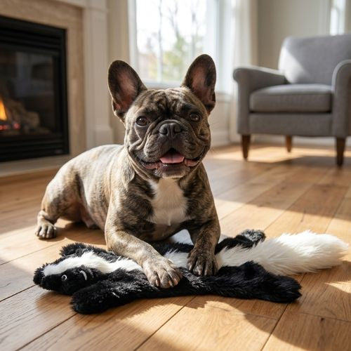 Peluche pour chien indestructible en forme de moufette plat avec un bouledogue français