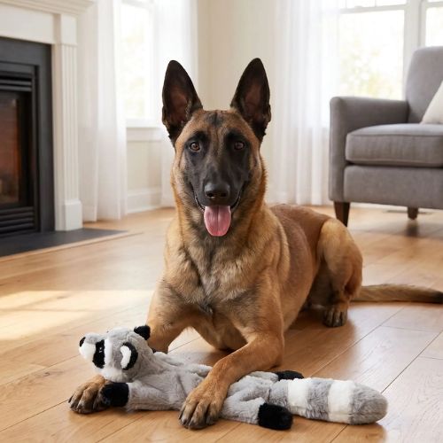 Peluche pour chien indestructible en forme de raton laveur plat avec un Berger Belge Malinois
