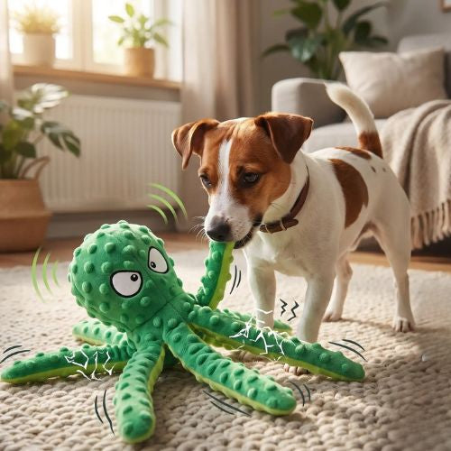 Chien Jack Russell mordillant un tentacule d'une pieuvre verte, une peluche pour chien qui résiste aux mordillements dans un salon.