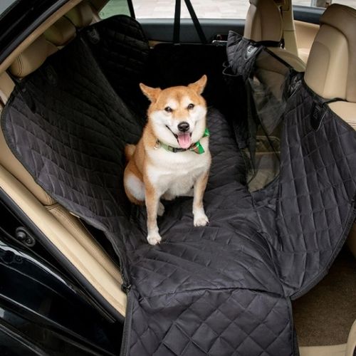 Chien assis sur une protection voiture chien noire et imperméable dans la banquette arrière