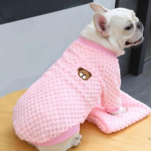 Un Bouledogue français portant un Pull pour chien rose moelleux et doux au toucher