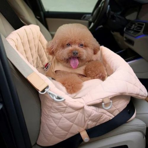 Petit chien assis confortablement dans un sac de transport pour chien rembourré rose, installé sur un siège de voiture pour un trajet en toute sécurité et avec style