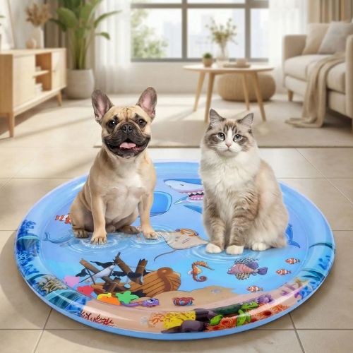 Un Bouledogue et un chat assis sur un Tapis chien rafraichissant gonflable bleu décoré d’animaux aquatiques.