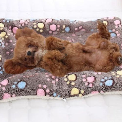 Un chien dort paisiblement sur un tapis de chien molletonné avec des motif coloré des pattes de chien.