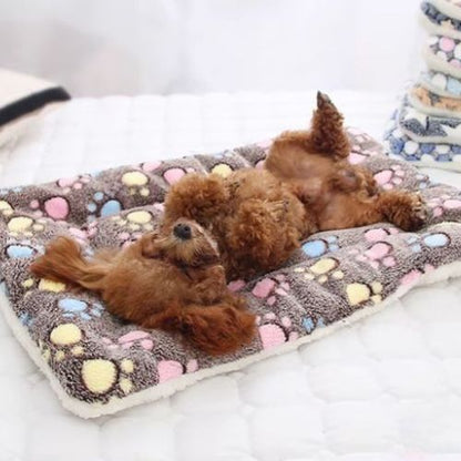 Un caniche marron allongé sur le dos sur un tapis de chien moelleux et douillet offre un sommeil reposant