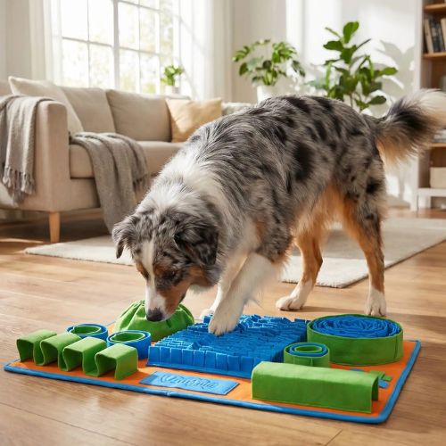 Un chien berger australien utilisant son flair sur un grand tapis de fouille chien interactif bleu et vert, posé sur le parquet d'un salon moderne avec un canapé en arrière-plan.