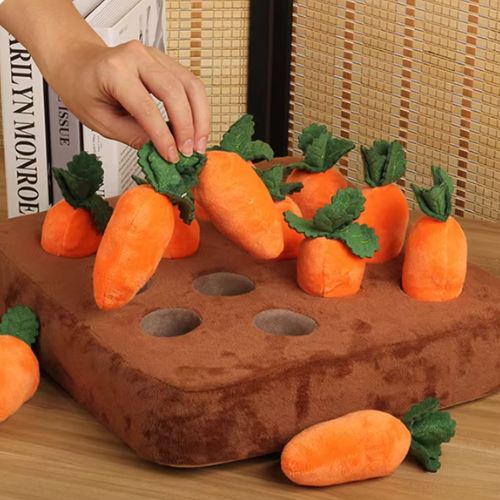 Tapis de fouille chien en forme de jardin de carottes, jouet éducatif et apaisant pour friandises et croquettes.